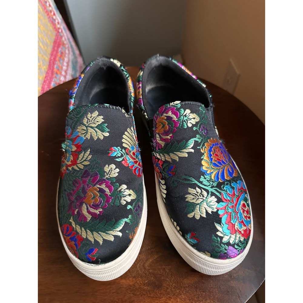 Brash Womens Floral Embroidered Brocade Slip On Platform Sneakers Black Multi 7 - Picture 2 of 8